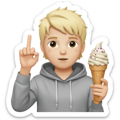 a white kid with a ice cream hairstyle blone hair with a grey hoodie and his above his hands saying 67 one 6 on 1 hand 7 on the other sticker