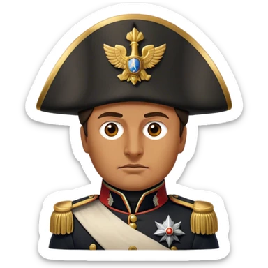 Cinematic Realistic Napoleon Bonaparte Portrait Emoji, depicted as a commanding military leader with a determined gaze and iconic bicorne hat, rendered with dramatic textures and bold historical lighting that captures his imperial legacy. sticker