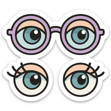 two pairs of eyes with eyelashes on one canvas, one pair wearing glasses and the other without glasses, icon-color-outlined style, vector look with shadows and highlights, detailed shading, thin clean outlines, soft rounded features, pastel palette #98B5BC #B5B3C1 #C9A3C9 #E4C0CA #F7DCD1 #F7C0AA, Japanese pop art, sticker look, highly detailed, transparent background sticker
