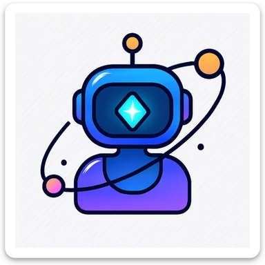 minimalist AI assistant icon, metallic gradients, glowing crystal core, orbiting tech elements, premium futuristic look, dark background, ultra clean vector style, no text, centered, 1:1 aspect ratio sticker