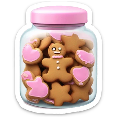 Realistic glass cookie jar with light pink lid full of gingerbread cookies isolated.  sticker
