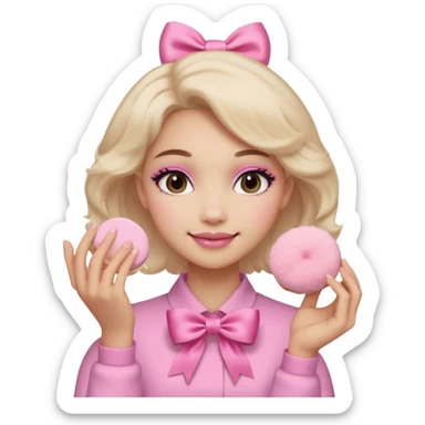 female face, light skin tone, small simple closed smile. One hand visible holding a round fluffy pink makeup powder puff pressed to the cheek; the puff has a small satin bow. sticker