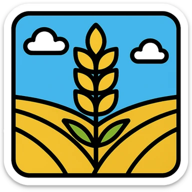 golden wheat field with blue sky above, clean iconic style sticker