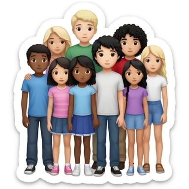 Group of diverse friends standing together, including a dark-skinned boy with straight hair, a light-skinned boy with straight blonde hair, a light-skinned girl with straight black hair, a mixed-race girl with straight brown hair, a light-skinned boy with wavy black hair, a mixed-race girl with dark curly hair, and in the center a light-skinned girl with wavy brown hair sticker