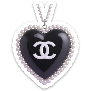 3D emoji style glossy heart, half black and half white, wrapped with a string of pearls and a silver Chanel logo, elegant sticker