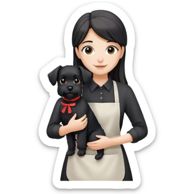 pale smiling girl with long back hair wearing black long shirt wearing apron holding black  schnauzer sticker