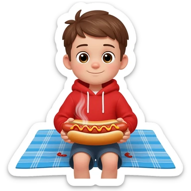 A boy eating a hotdog sticker