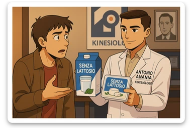 fai un webtoon manga a colori con questo stile, in cui un uomo ASCOLTA Il kinesiologo con il camice bianco (fagli anche la scritta "ANTONIO ANANIA" SUL CAMICE, IL KINESIOLOGO SPIEGA ALL'UOMO UNA MOSTRANDO VARI PRODOTTI DA SUPERMERCATO CONFEZIONATI (TIPO SCATOLA DI LATTE SENZA LATTOSIO, MOZZARELLA SENZA LATTOSIO), OGNI CONFEZIONE HA LA SCRITTA "SENZA LATTOSIO SULL'ETICHETTA. L'UOMO OSSERVA IL KINESIOLOGO CON ESPRESSIONE CONFUSA IN VOLTO. non fare i fumetti però, fai solo in modo che sembri stiano parlando sticker
