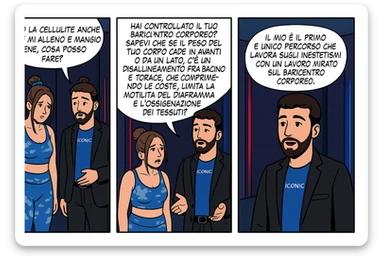 TRASFORMA QUESTO CAROSELLO IN UN FUMETTO CON QUESTE DUE PERSONE IDENTICHE CHE INTERLOQUISCONO TRA LORO:

LEI: Ho la cellulite anche se mi alleno e mangio bene, cosa posso fare?

LUI: Hai controllato il tuo baricentro corporeo?
Sapevi che se il peso del tuo corpo cade in avanti o da un lato, c’è un disallineamento fra bacino e torace, che comprimendo le coste, limita la motilità del diaframma e l’ossigenazione dei tessuti?
Il mio è il primo e unico percorso che lavora sugli inestetismi con un lavoro mirato sul baricentro corporeo. sticker