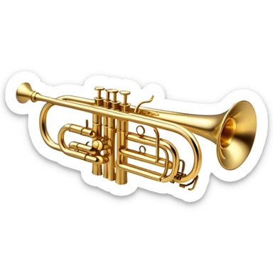 Cinematic Realistic Trumpet, polished brass with warm golden reflections, intricate valve details subtly highlighted, soft hands pressing the keys, glowing with bold and triumphant musical energy. sticker