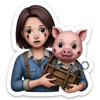 Amanda Young as the Pig from Dead by Daylight, holding a reverse bear trap, creepy expression sticker
