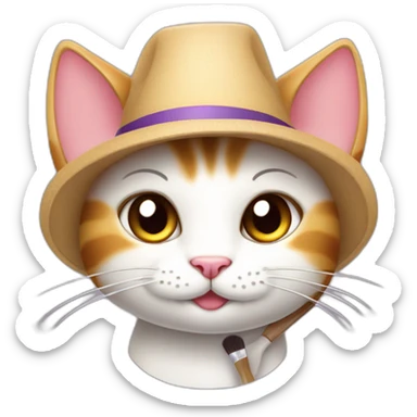 Kawaii cat artist in hat with palette and brush so it can be used as a mouse cursor sticker