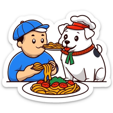 guy in Italy eating pasta with a huge, happy, fat whale of a dog wearing an Italy hat sticker