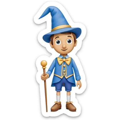 Wooden puppet Pinocchio with a long nose, wearing blue clothes and a pointed hat sticker