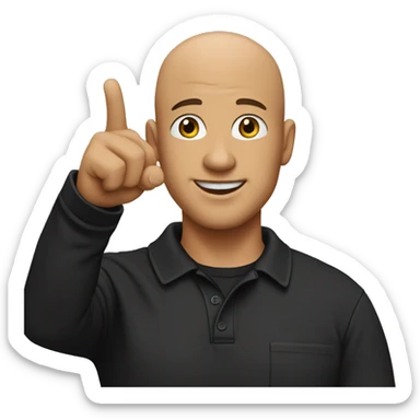 bald man pointing in front wearing a black cap and black polo sticker