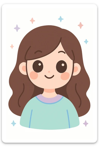 long haired brunette colored hair girl, playful look, bust portrait, white background sticker