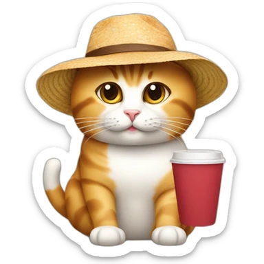 Cat with bagel and coffee wearing sun hat sticker