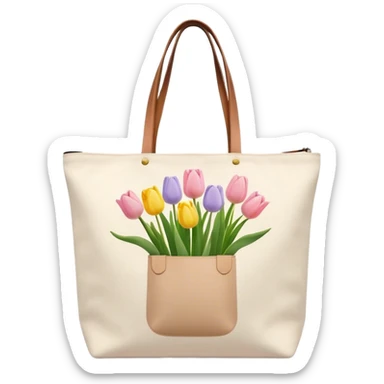 canvas tote bag with pastel tulips hanging out the top sticker