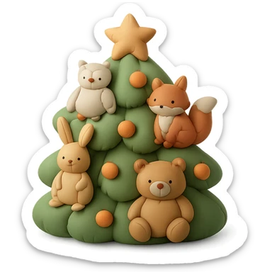 pine tree decorated with woodland critters in cushion style sticker