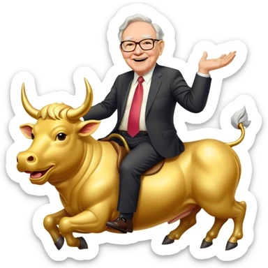 happy Warren Buffet riding golden bull sticker