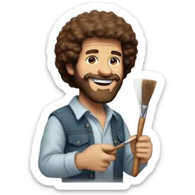 bob ross with brown hair, a brown beard, and holding a paintbrush sticker