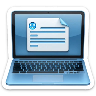 Create an emoji representing blogging. The design should feature an open laptop or tablet with a visible blog post on the screen. Use professional colors like blue, gray, and black. Make the background transparent. sticker