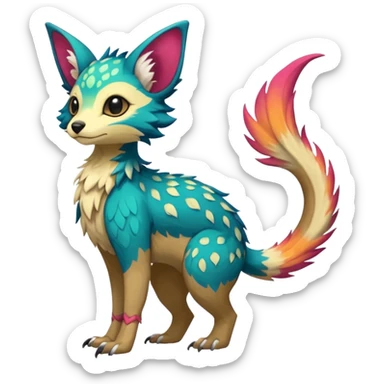 Feral Rare Fantasy colorful vibrant Vernid-Trico-species-Fakemon-creature by LiLaiRa, random markings, tufted tail, tufted ears, full body sticker
