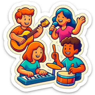 A group of friends playing music in retro stickers style, with musical instruments and a retro vibe sticker