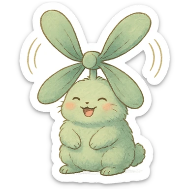 chibi electric fan as a soft, fluffy bunny, spinning ears like fan blades, cheerful face, pastel green, full-body sticker