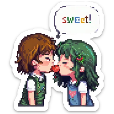 a girl and boy kissing inside a Hello Kitty-themed room, the girl says "sweet!" in a speech bubble, variant with different colors sticker