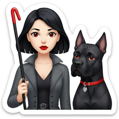 woman with long black hair and red lips next to a black Cane Corso dog with cropped ears and short tail sticker