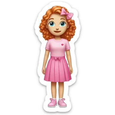 ginger girl with blue eyes holding up heart hands with a pink shirt and a pink skirt with a pink bow sticker