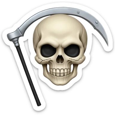 A laughing skull with a scythe crossed behind it, one eye socket winking. Clean, stylized lines, flat vector. Medieval woodcut style. Black and white with one accent color (tarnished silver). No background. sticker