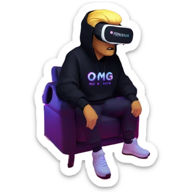 Donald Trump wearing a black hoodie with "OMG" letters on it and VR headset oculus quest 2 in a cyberpunk VR environment with violet neon lighting. sticker