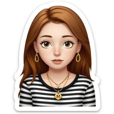 Chica guapa con pecas debajo del labio, pestañas largas con rímel, cejas finas y peludas, pelo marrón medio largo, piercing en la nariz, collar dorado con una "M" y jersey negro de rayas blancas con un hombro descubierto. sticker