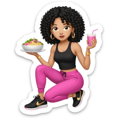 Black woman, adult, 4C black curly hair, dark brown eyes, wearing black top, pink pants, black sneakers, gold hoop earrings comendo fitness sticker