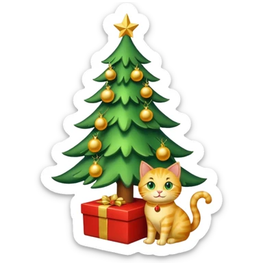 Christmas tree with w happy gold cat under sticker