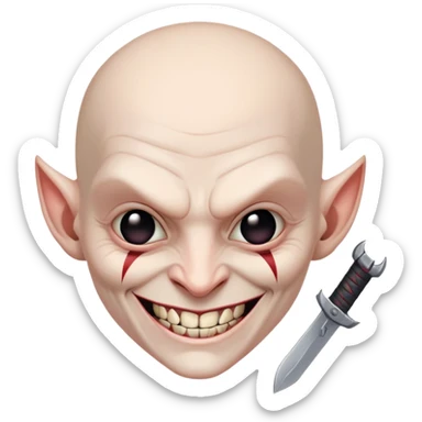 evil villain with razor blade weapons, completely hairless, sinister smile sticker