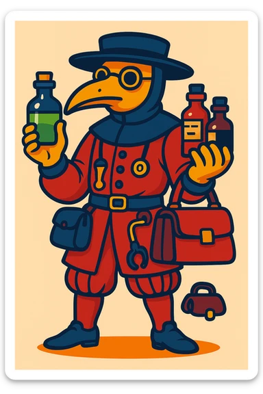 Tudor doctor holding medicine bottles and medical equipment in vibrant toon cartoon style, colorful, lively, detailed, expressive character sticker