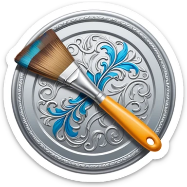 Metal painting icon, intricate hand-painted metal surface with detailed patterns, visible paintbrush, metal tools, and vibrant enamel or acrylic paints, no finished artwork, just the painting process, minimalistic style, clean lines, transparent background. sticker