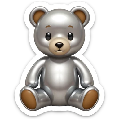 A cute teddy bear emoji made of liquid silver chrome, smooth rounded body, glossy metallic surface, soft reflections, friendly proportions, iOS emoji style, centered, clean white background sticker