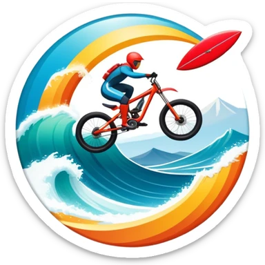 A bold, dynamic emblem combining elements of extreme sports like a mountain, a bike, surfing, ocean and a parachute, all within a circular or shield-like shape. The design conveys speed, adventure, with sharp lines and vibrant colors representing the thrill and intensity of extreme sports. sticker