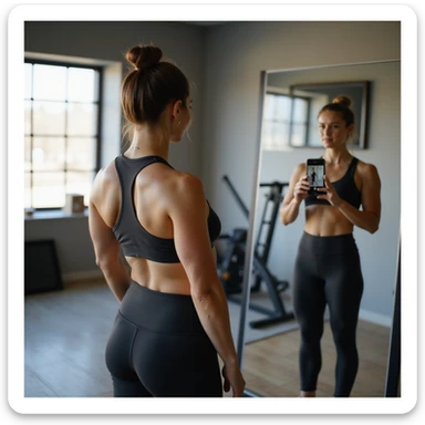 athletic woman in leggings and sports top, side pose in front of mirror, recording video check with smartphone for coach, tidy room with fitness equipment, natural light, hyperrealistic details, 4K sticker