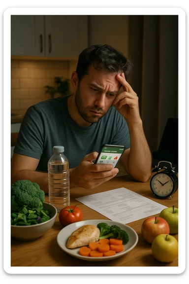  a man sits at his kitchen table, reviewing a food diary or nutrition app on his phone, with a perplexed look. Around him are healthy meal ingredients and a water bottle, but also subtle hints of stress (bills, work laptop) and lack of sleep (alarm clock showing late hour). The mood is thoughtful, highlighting the hidden factors behind weight. sticker