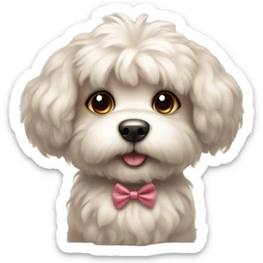 A cute little fluffy dog with a little bow an his heat  sticker