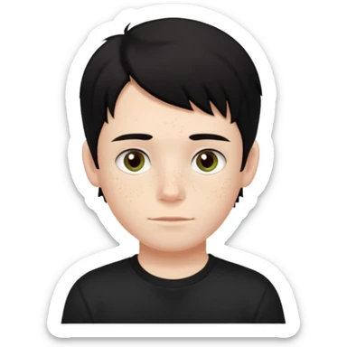 A boy with dark black hair and hazel green and brown eyes and white skin , with freckles and black t shirt with middle part hair  sticker