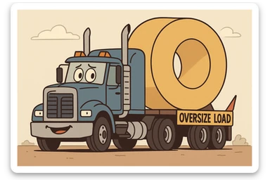 cartoon-style semi truck with huge object on trailer and visible OVERSIZE LOAD sign sticker
