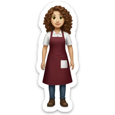 full length white girl with long curly brown hair wearing a burgundy apron sticker