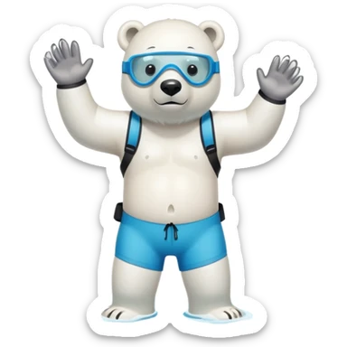 friendly anthropomorphised polar bear standing in a puddle of water, wearing loose board shorts, scuba mask over eyes, inflatable swimming armbands sticker