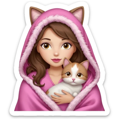 girl with long wavy brown hair, brown eyes, long lashes makeup, sexy pink lips, light to medium complexion, wearing a pink sexy silk top, big blanket over the head cozy holding a cat sticker
